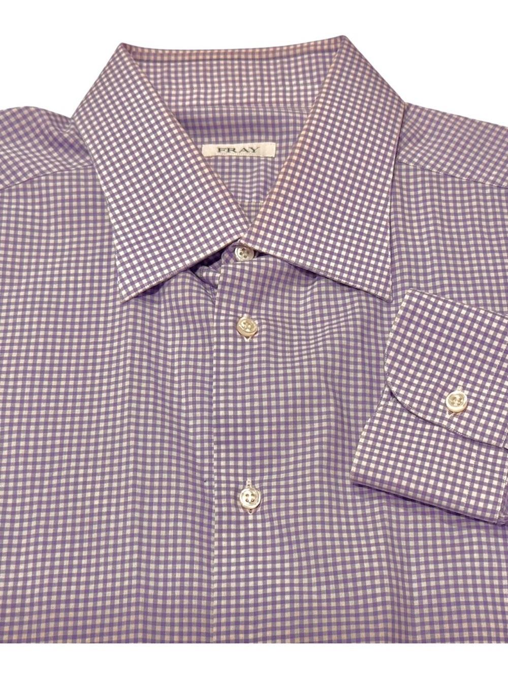Fray Mens Italian Dress Shirt Size V 44 17.5 in Purple White Gingham 100% Cotton